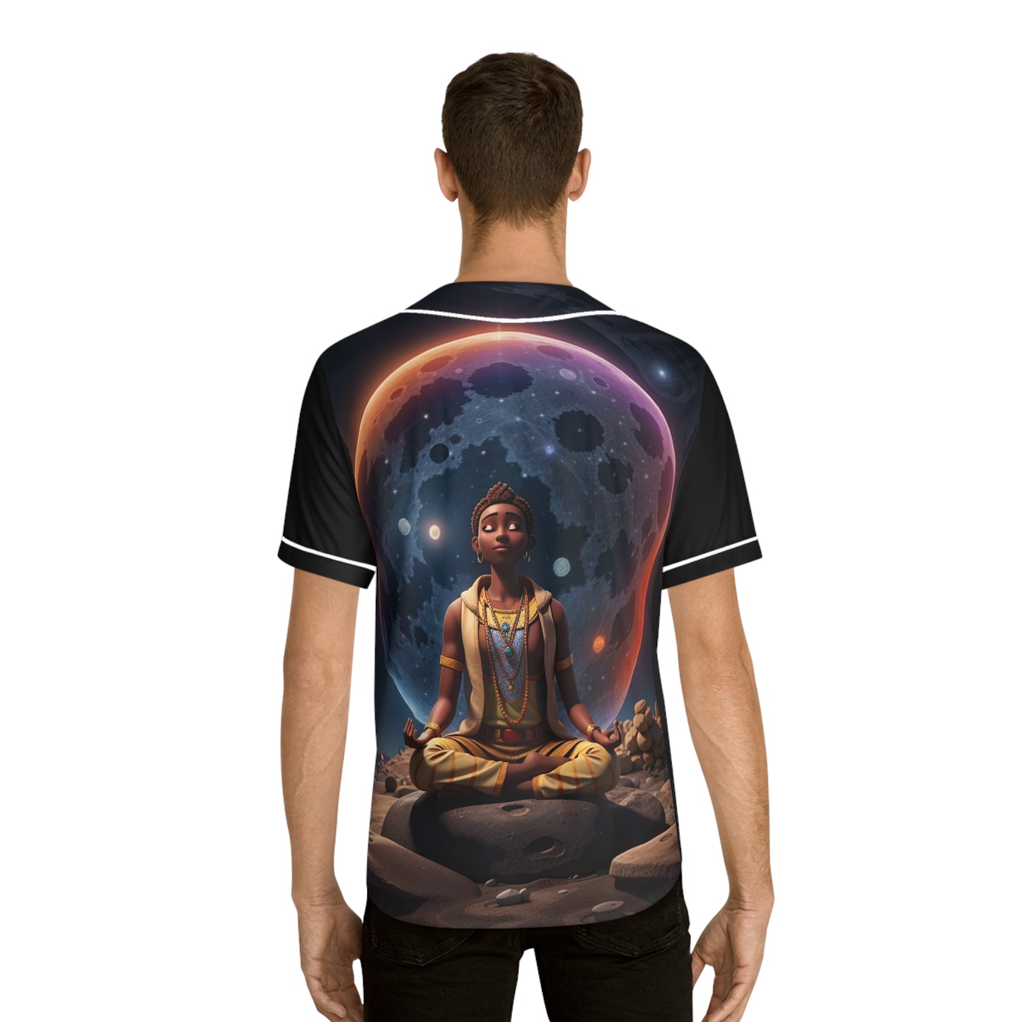 African Yogi Meditating on the Moon: Men's Baseball Jersey for Inspired Style and Cultural Expression