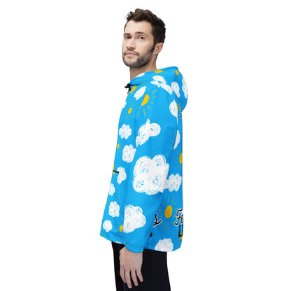 Fear Less, Live More Windbreaker – Empowering Cloud and Sun-Themed Jacket