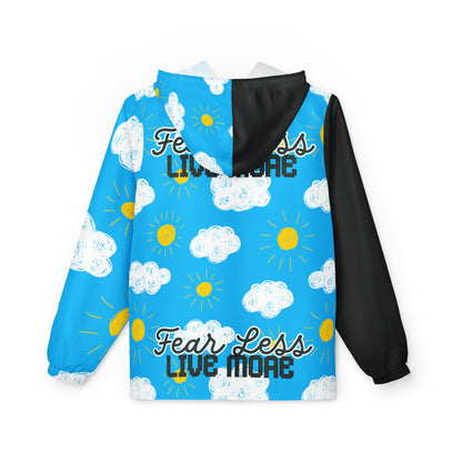 Fear Less, Live More Windbreaker – Empowering Cloud and Sun-Themed Jacket