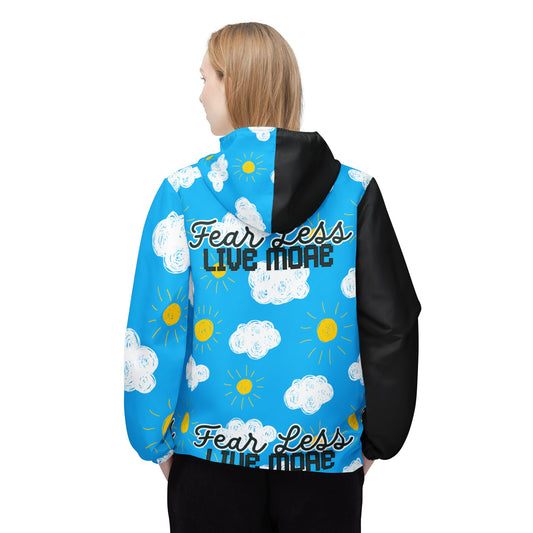 Fear Less, Live More Windbreaker – Empowering Cloud and Sun-Themed Jacket