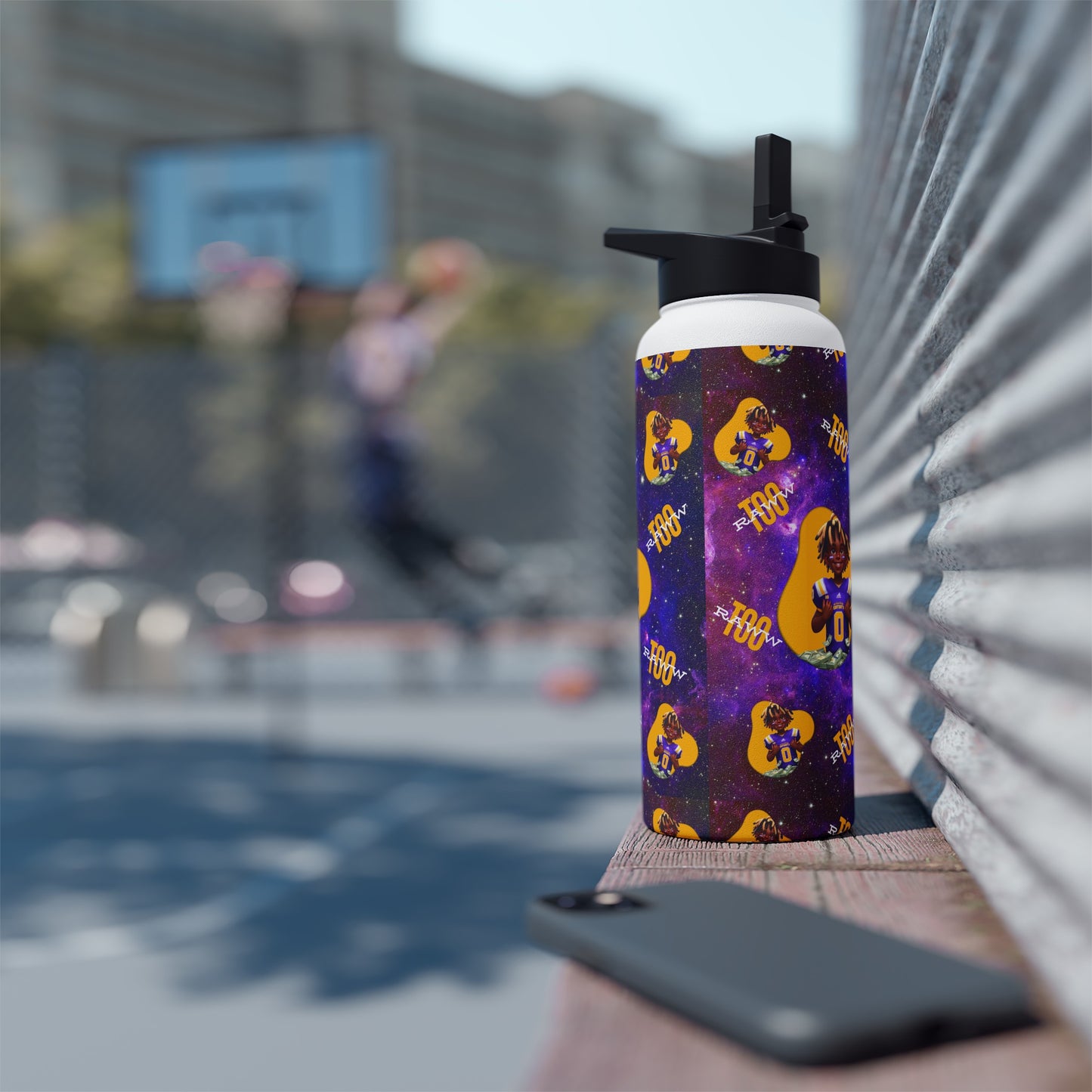 Star-Struck Hydration: Unisex Water Bottle Featuring T-raww the Athlete