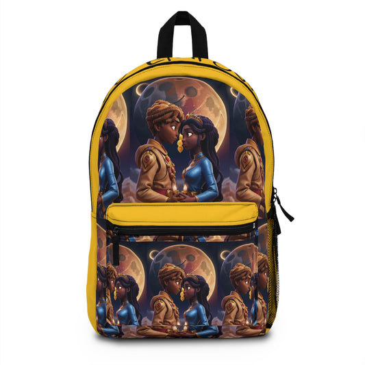 Embrace Royalty: African Emperor and Empress in Front of the Moon Designed Bookbag