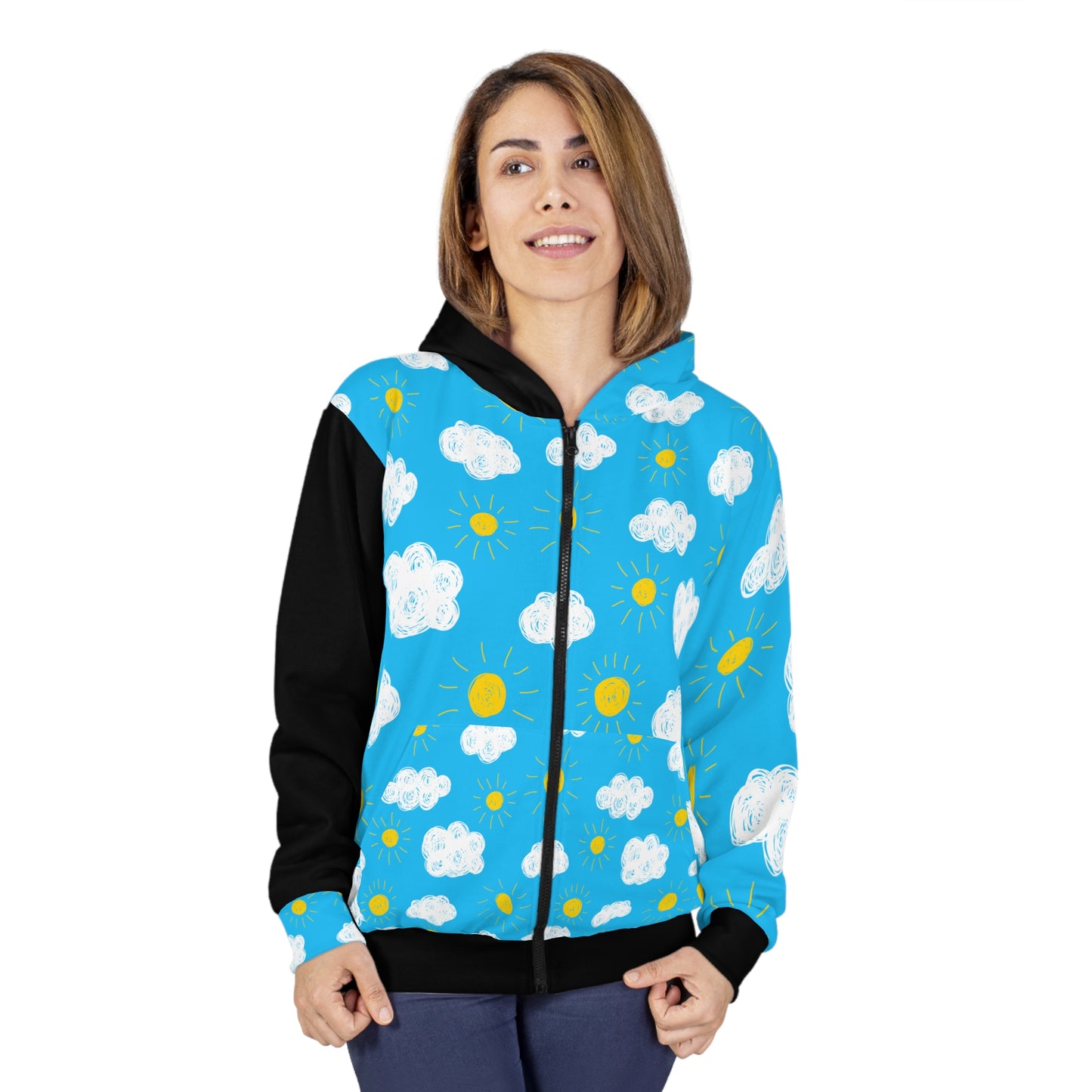 Fear Less, Live More Zip-Up Hoodie – Empowering Cloud and Sun Design